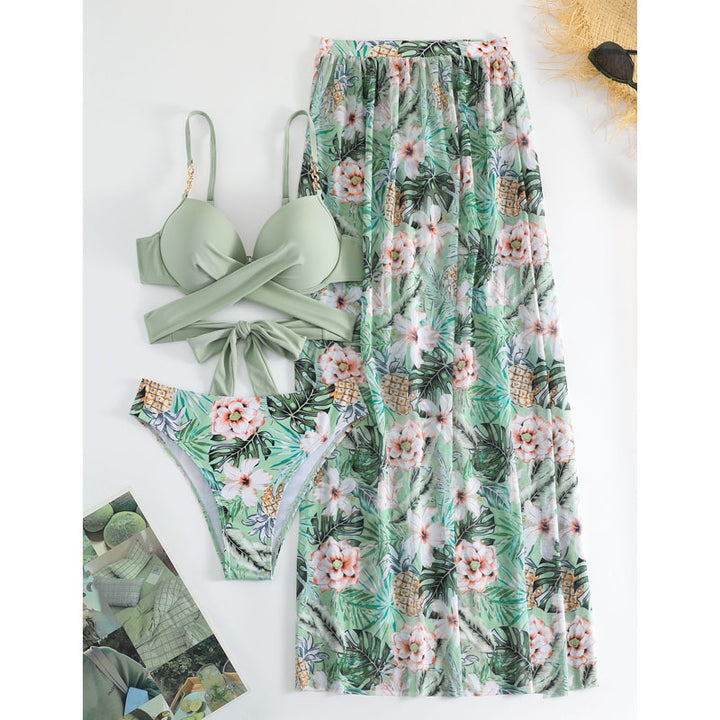 Damen Bikini-Set mit floralem Wickelrock und modischem Oberteil Drune