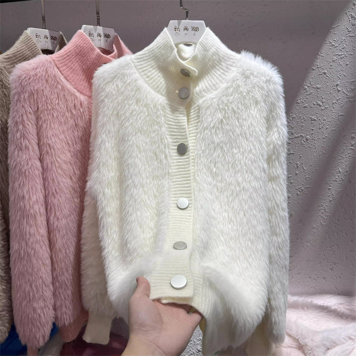 Damen kuschelige Strickjacke mit Knopfverschluss und hohem Kragen Drune