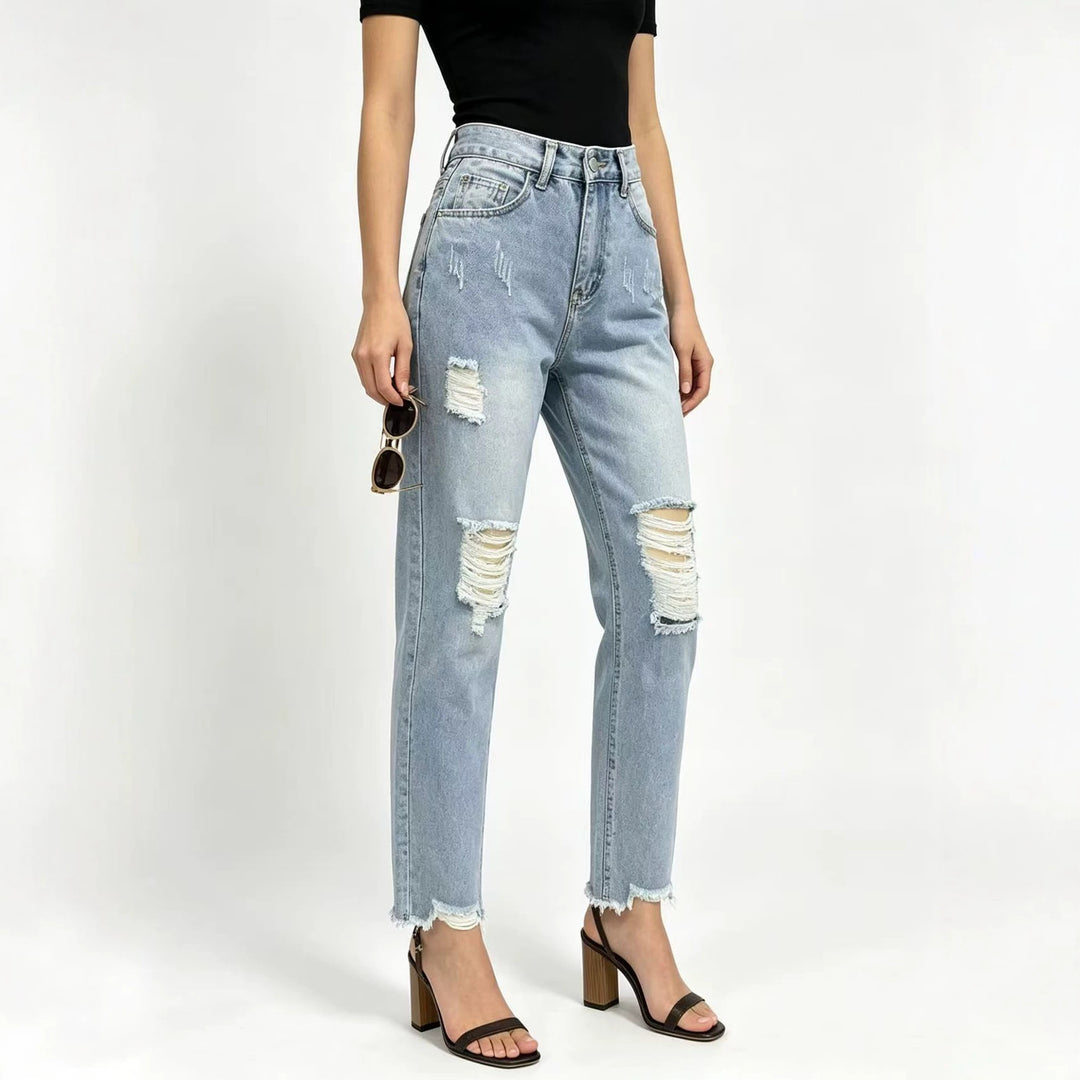 Damen nan hochgeschnittene Straight Leg Jeans mit gezielten Rissdetails und rohem Knöchelabschluss Drune