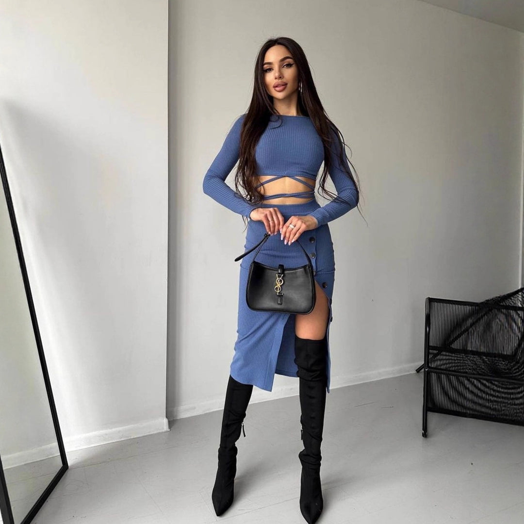 Damen cropped Oberteil und lange hochtaillierte Rockkombination Drune