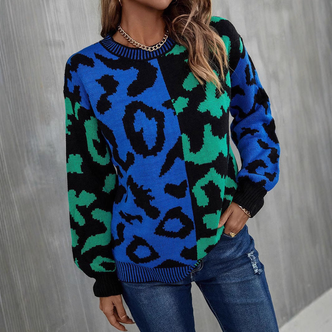 Damen farbenfroher Pullover mit Leo-Muster Drune