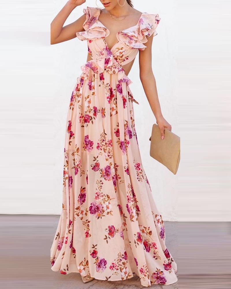 Damen Elegantes Maxikleid mit Rüschendetails und floralem Design Drune