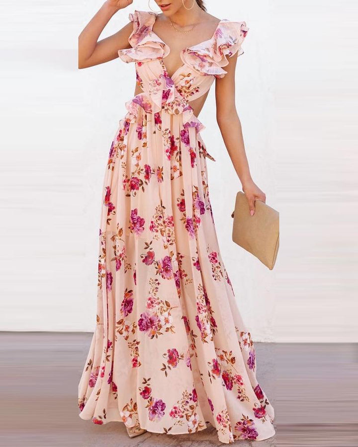 Damen Elegantes Maxikleid mit Rüschendetails und floralem Design Drune