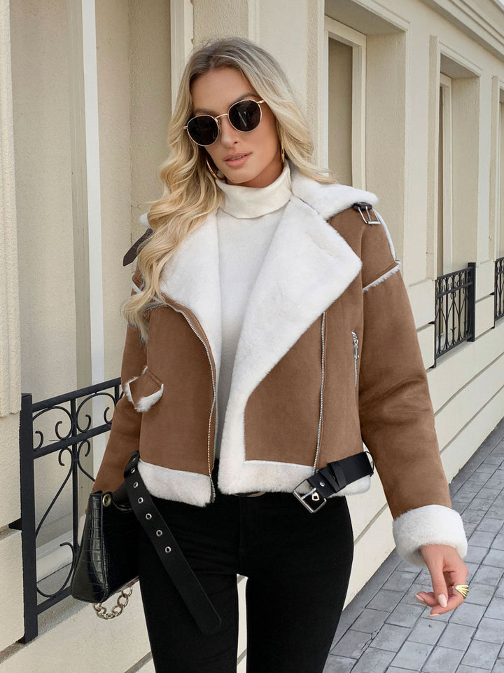 Damen modische Lederjacke mit Kunstfellkragen und Gürtel Drune