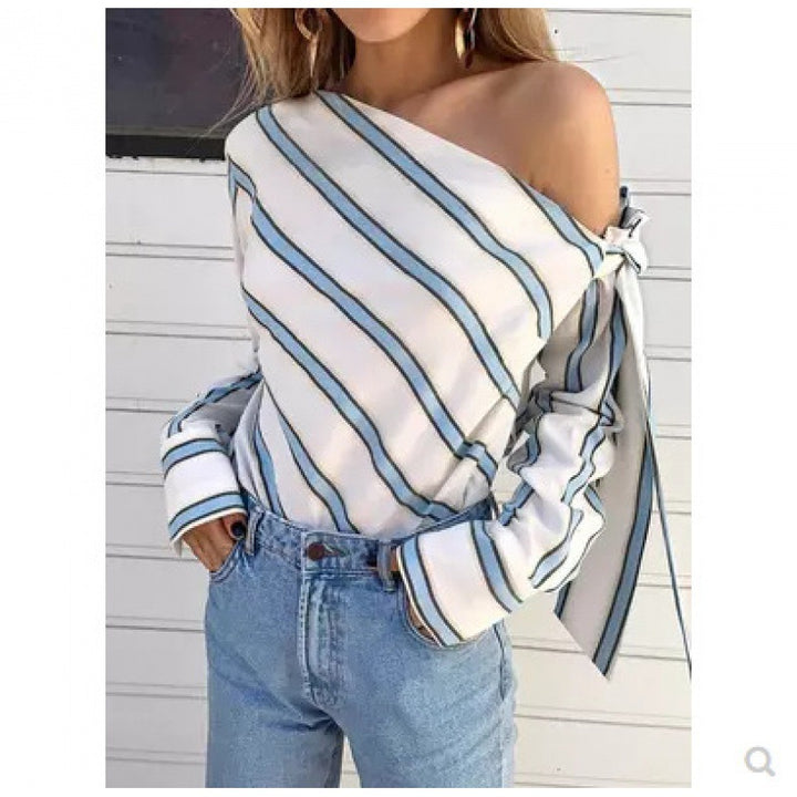 Damen Aufgesetzte Schulterbluse mit raffinierten Streifen Drune
