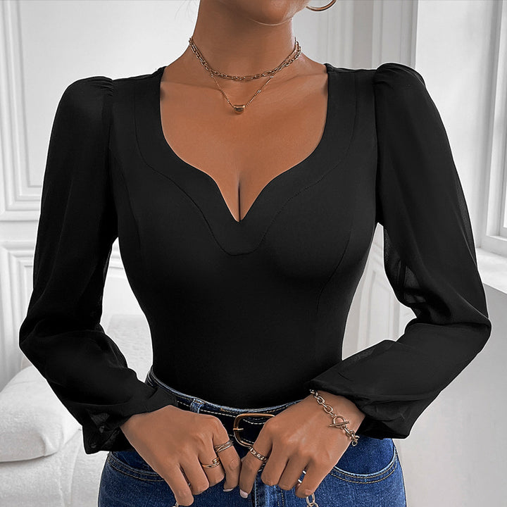 Damen Body mit eleganten Puffärmeln und tiefem V-Ausschnitt Drune