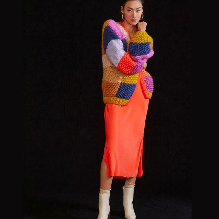 Damen Grobstrick-Cardigan mit buntem Patchwork-Design Drune