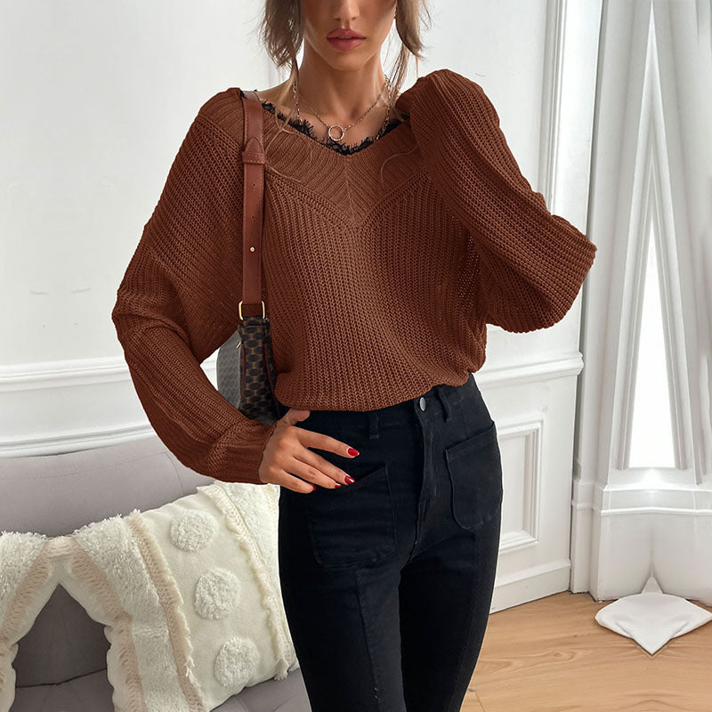 Damen lässiger Strickpullover mit modernem V-Ausschnitt und lockerer Passform Drune