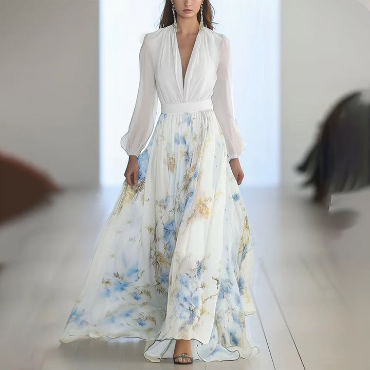 Damen nan fließendes Chiffon-Maxikleid mit tiefem V-Ausschnitt, tailliertem Bund und langem Glockenrock Drune