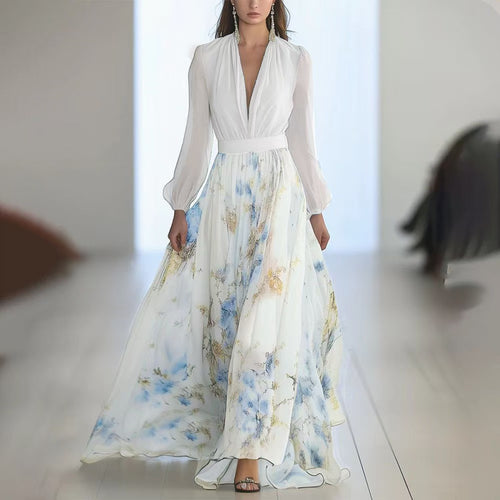 Damen nan fließendes Chiffon-Maxikleid mit tiefem V-Ausschnitt, tailliertem Bund und langem Glockenrock Drune
