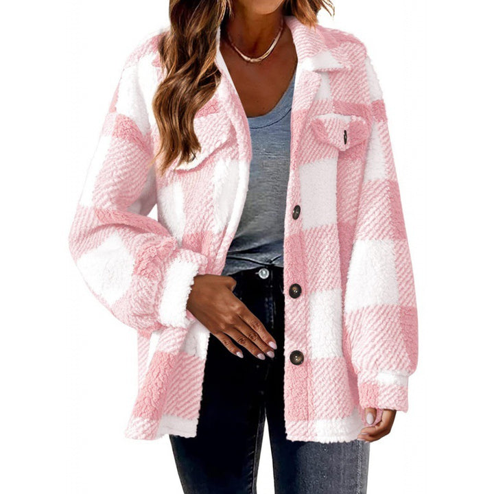 Damen Flauschige Karojacke mit Druckknopfverschluss und praktischen Taschen Drune