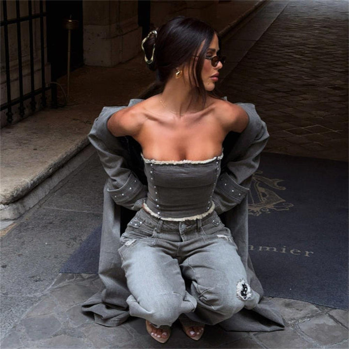 Damen Crop-Top und weiter Jeans mit dekorativen Akzenten Drune
