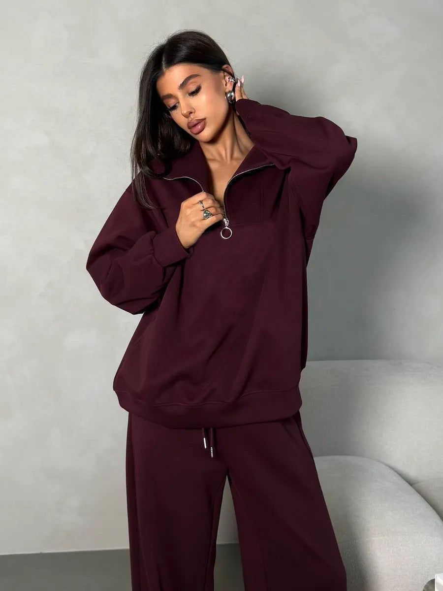 Damen eleganter Fleece-Sportanzug mit hochgeschlossenem Kragen und praktischem Reißverschluss Drune