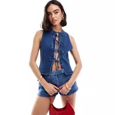 Damen Denim Bustier-Top mit verspieltem Schnürdetail Drune