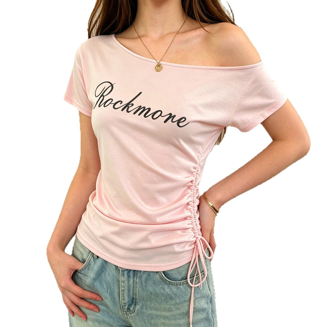 Damen Off-Shoulder T-Shirt mit Raffungen und modischem Schriftzug Drune