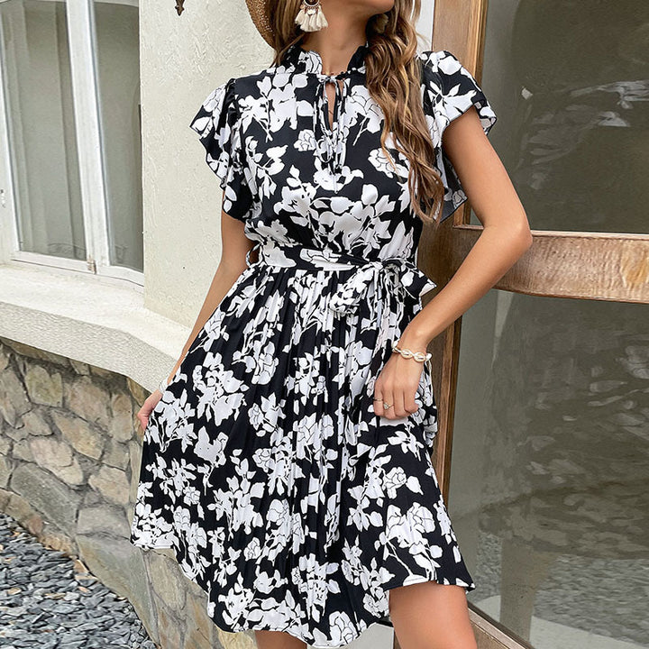 Damen elegantes Blumenkleid mit Rüschendetails und Bindegürtel Drune