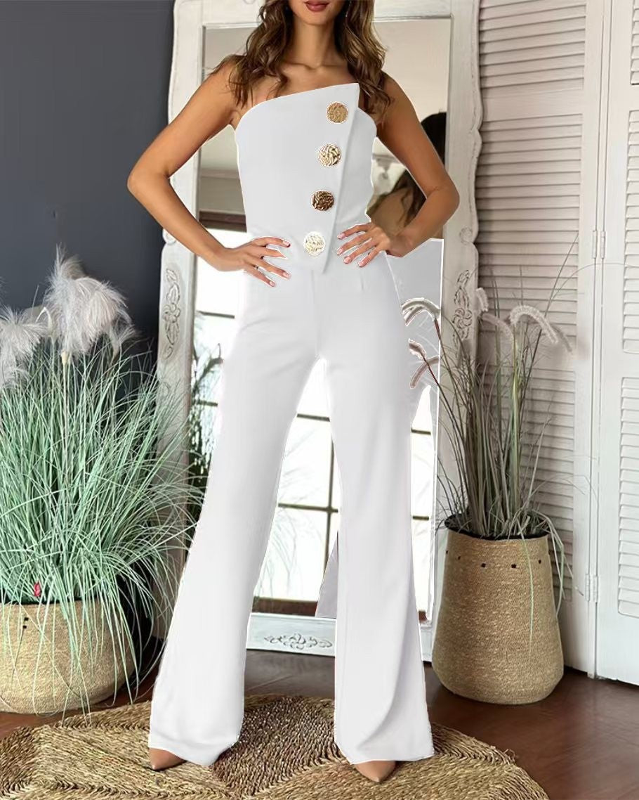 Damen Eleganter Jumpsuit mit schulterfreien Design und dekorativen Knöpfen Drune