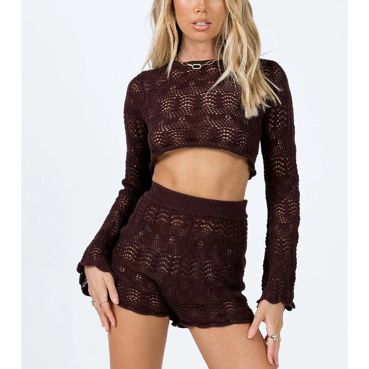 Damen elegantes Strick-Crop-Top und Shorts Set Drune