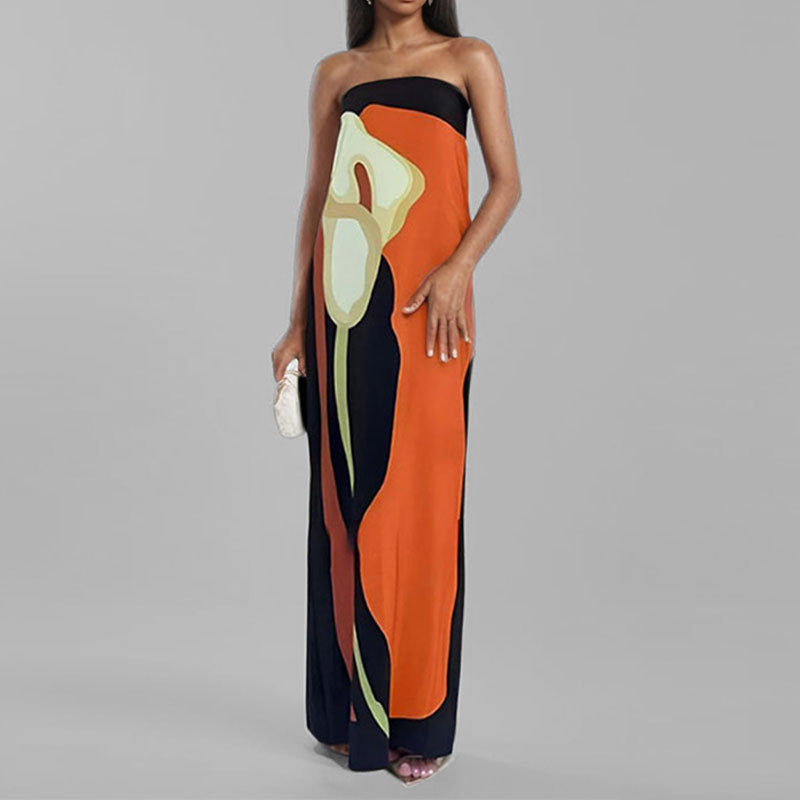 Damen Abendkleid mit elegantem drapiertem Oberteil und künstlerischem Print Drune