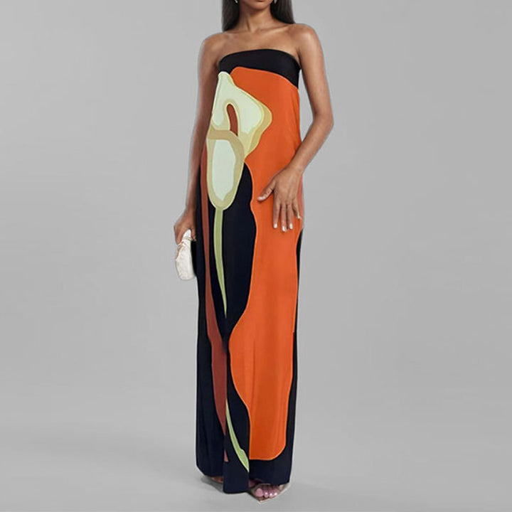 Damen Abendkleid mit elegantem drapiertem Oberteil und künstlerischem Print Drune