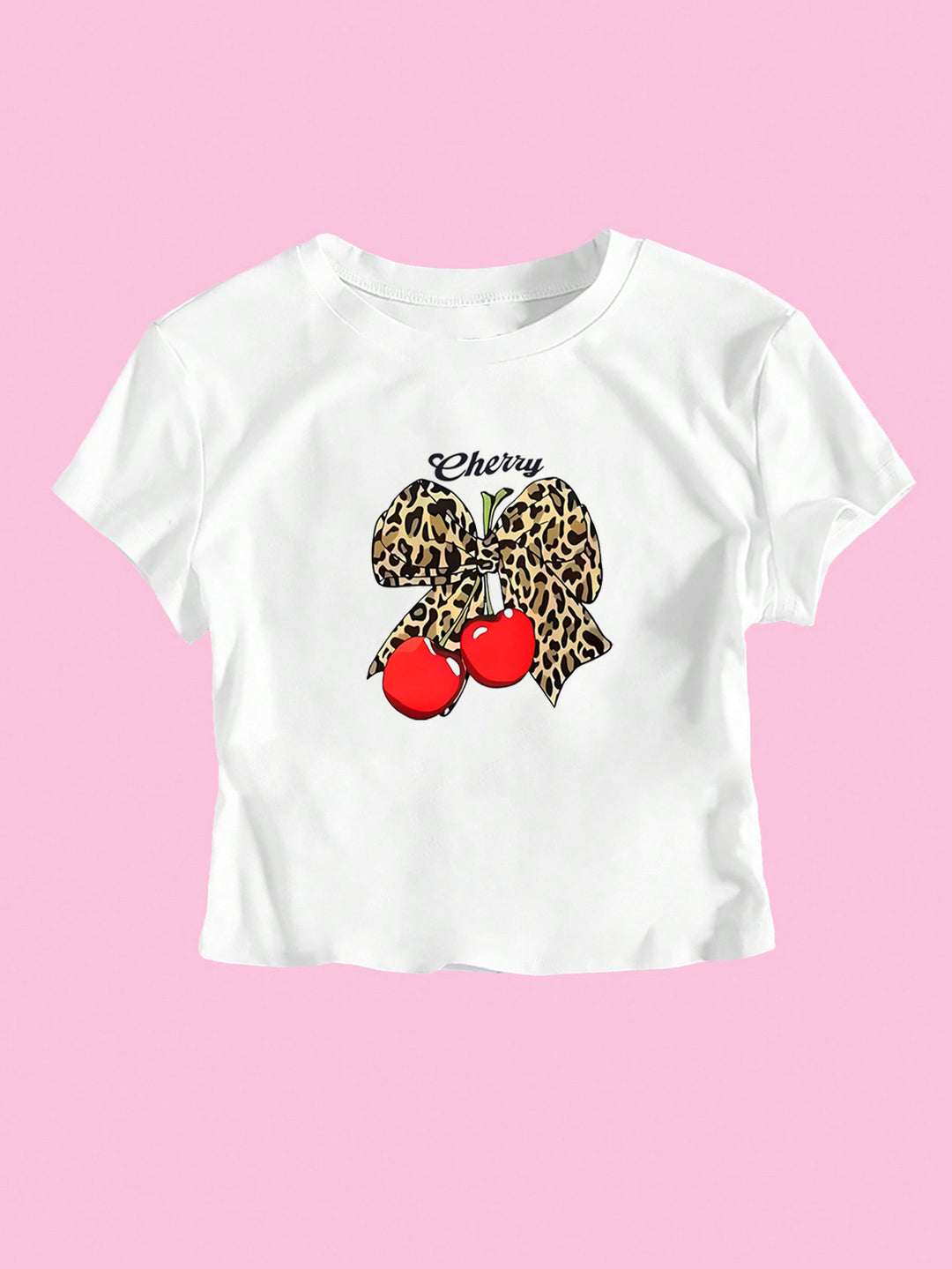 Damen Crop-T-Shirt mit verspieltem Leoparden-Schleifenmotiv und fruchtigem Print Drune