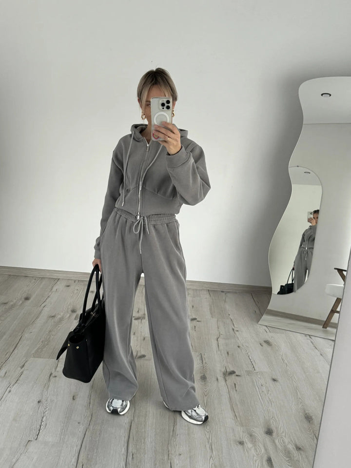 Damen Sportliches Fleece-Loungewear-Set mit Kapuze und verstellbarem Bund Drune