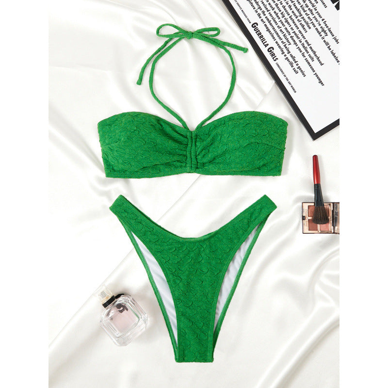 Damen Bandeau Bikini mit verstellbaren Trägern und exquisitem Texturmuster Drune
