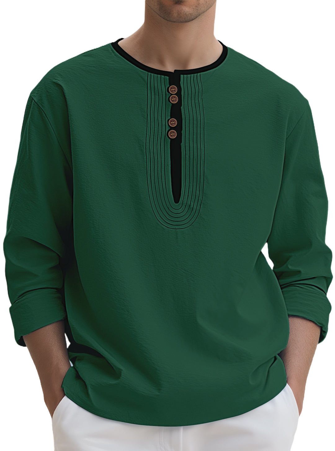 Herren nan weit geschnittenes Langarm-Kurta-Oberteil mit dekorativen Biesen und Holzknopfleiste Drune