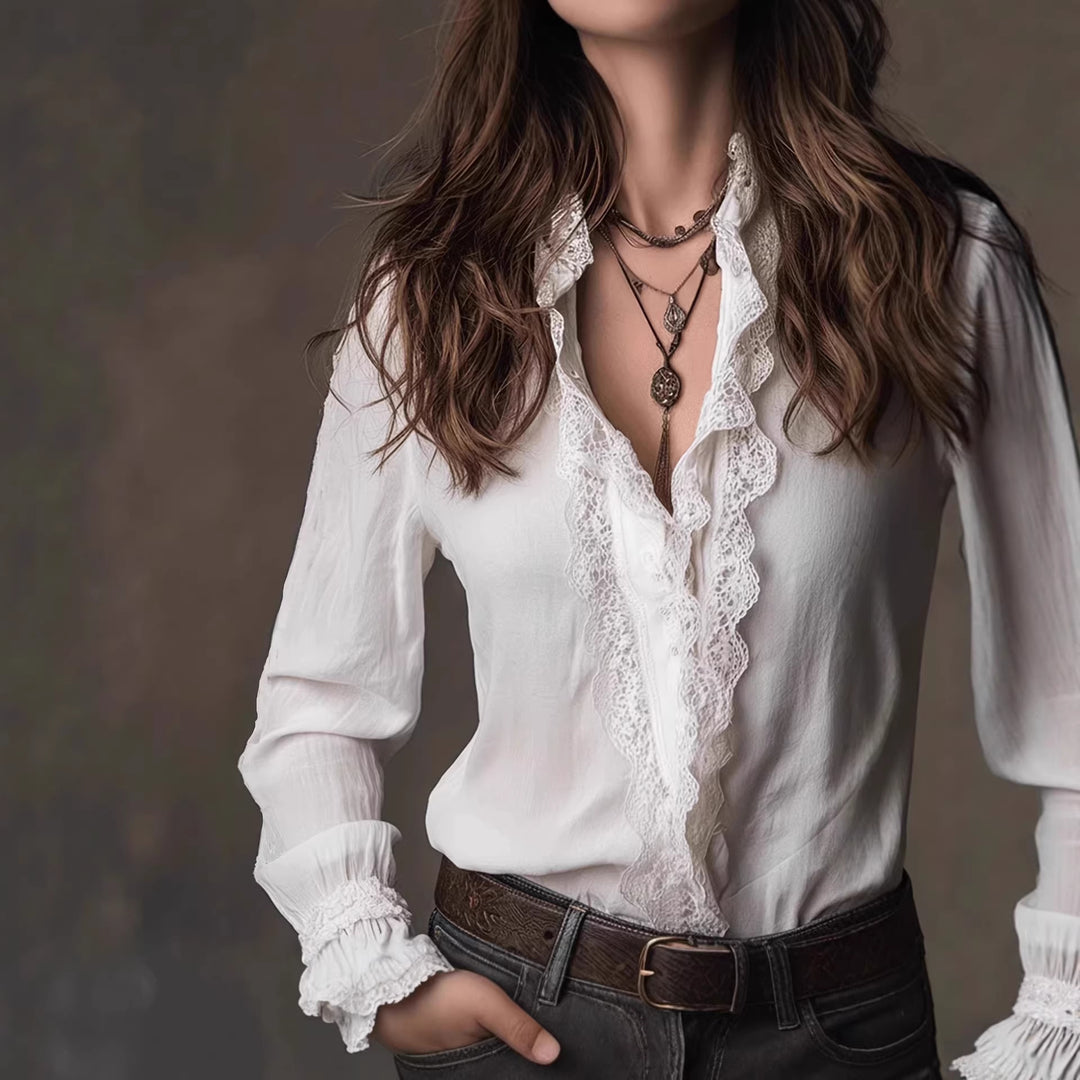 Damen elegante Bluse mit Rüschendetails und Spitzenbesatz Drune