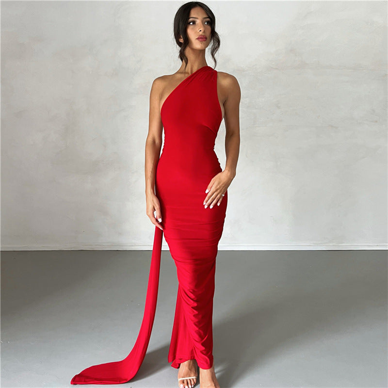 Damen Elegantes bodenlanges One-Shoulder Kleid Drune