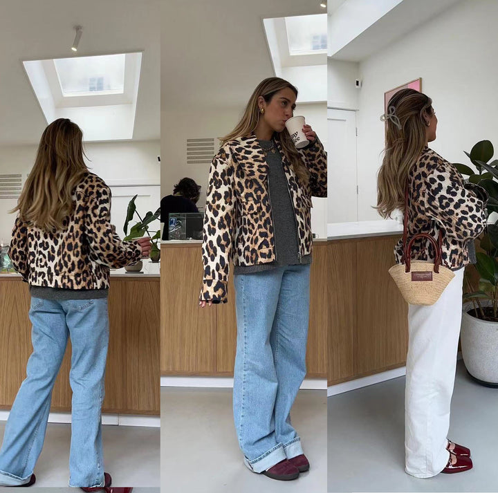 Damen Kurze Leopardenjacke im urbanen Stil mit praktischen Taschen Drune