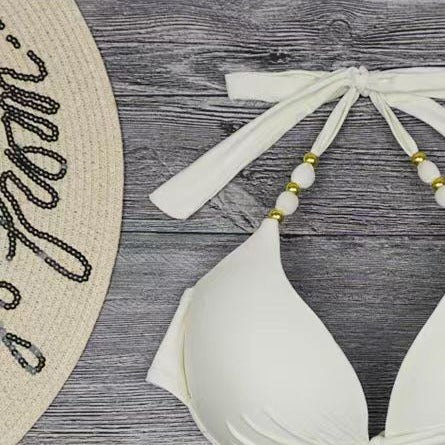 Damen Triangel-Bikini mit modischen Perlendetails und verspielten Bindebändern Drune