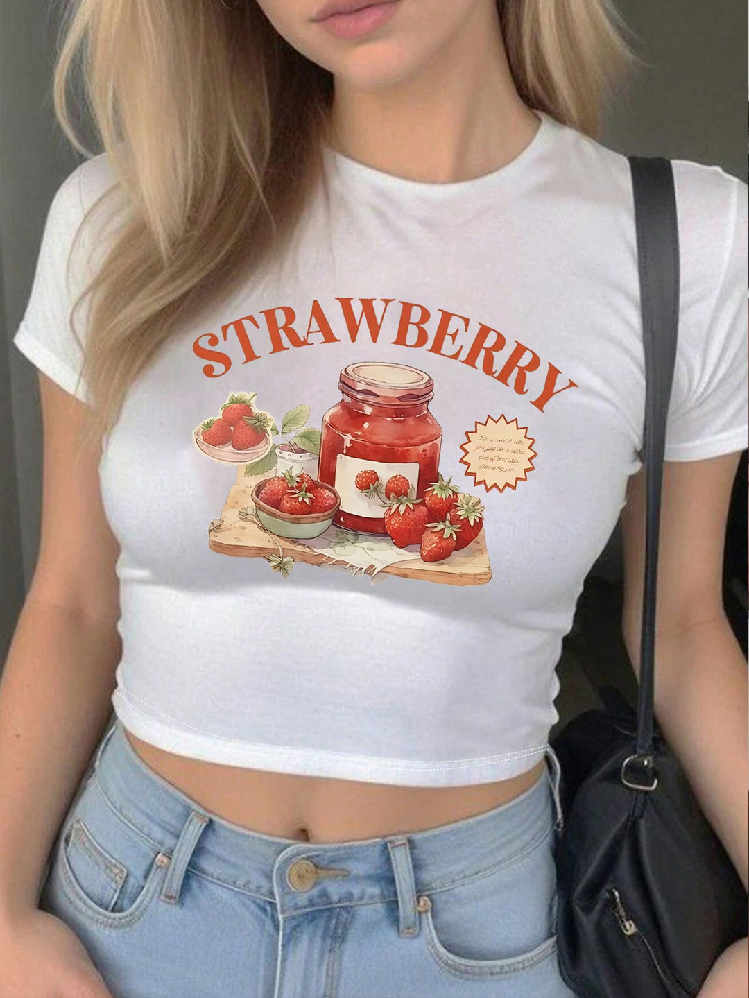 Damen Crop-Top mit kreativem Erdbeer-Design und figurbetontem Schnitt Drune