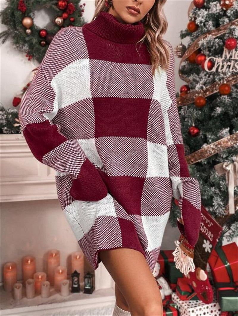 Damen Strickkleid mit hohem Kragen und Karomuster Drune