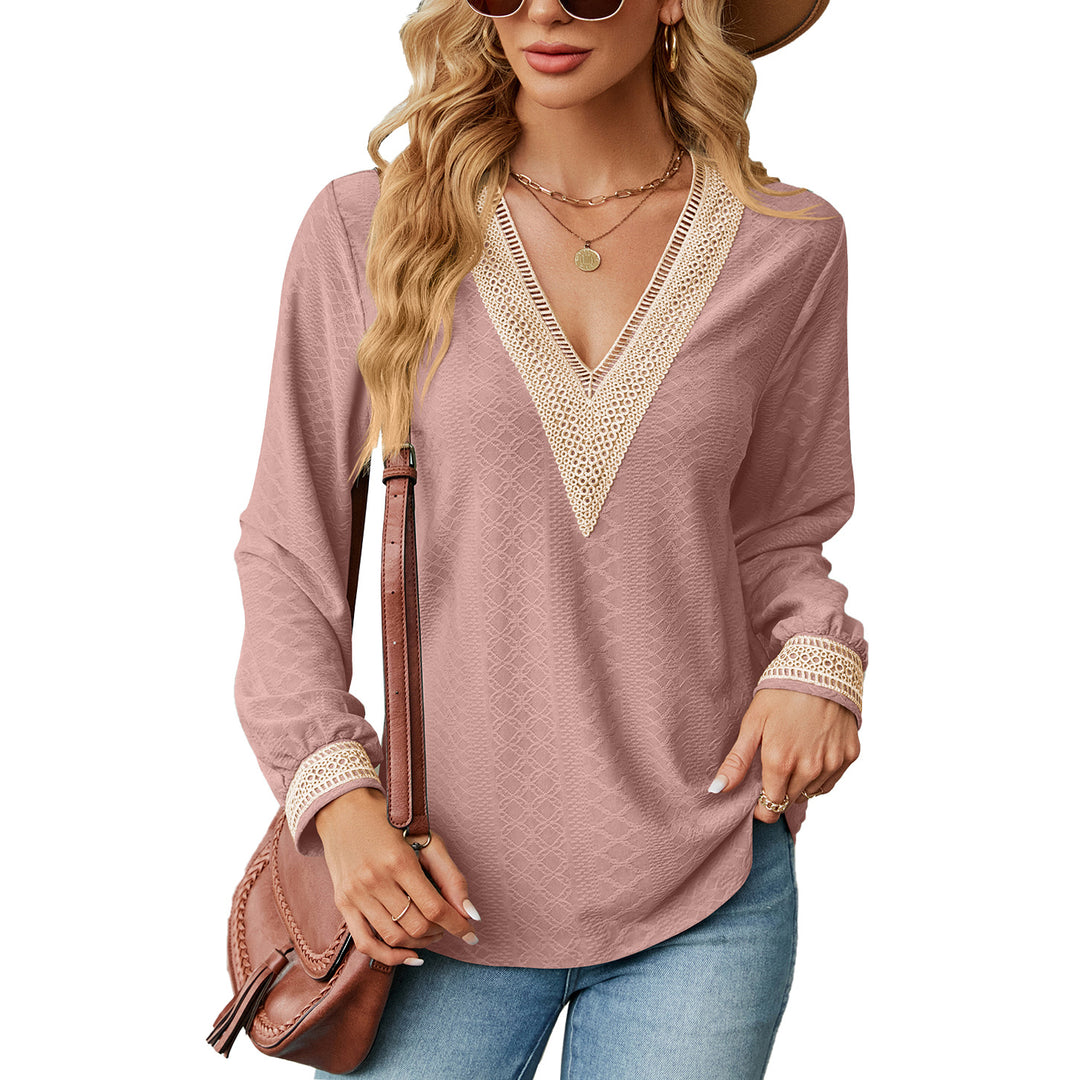 Damen Langarm Blusenshirt mit dekorativem V-Ausschnitt und Häkelelementen Drune