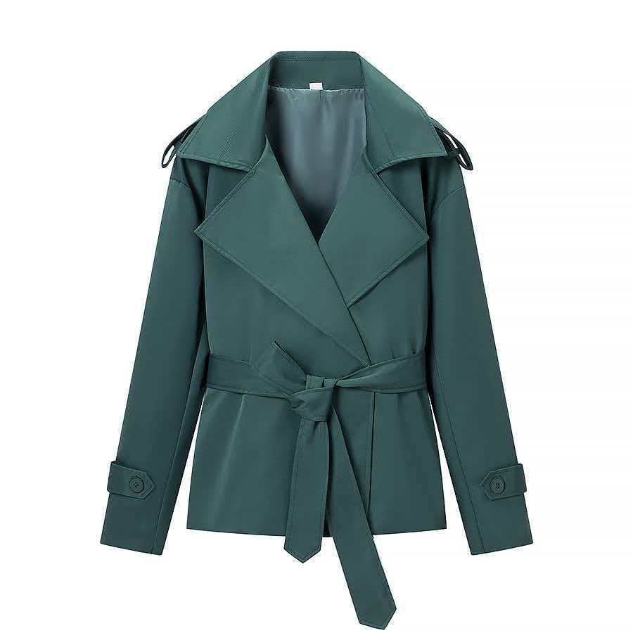 Damen nan kurze Trenchcoat Jacke mit Taillengürtel breitem Revers und dekorativen Schulterklappen Drune