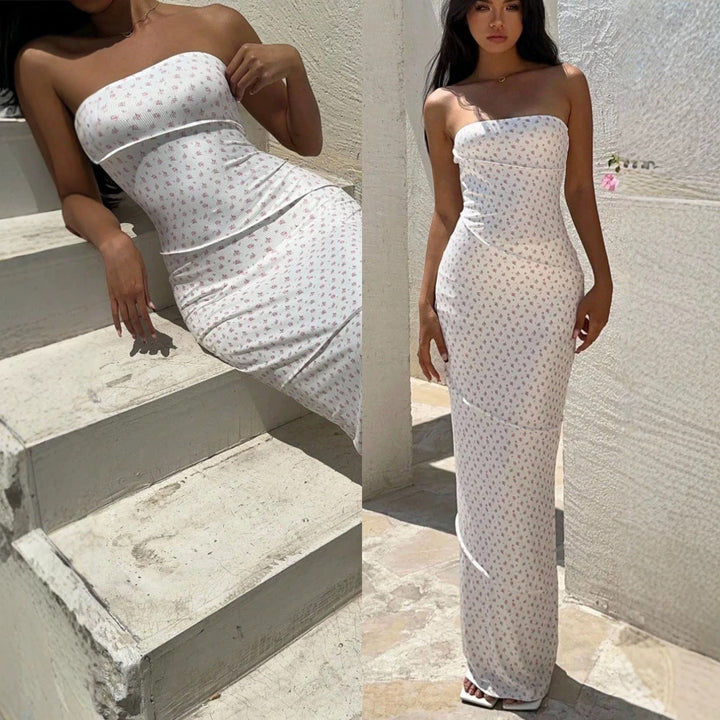 Damen Maxikleid mit floralem Muster und elegantem Bandeau-Ausschnitt Drune