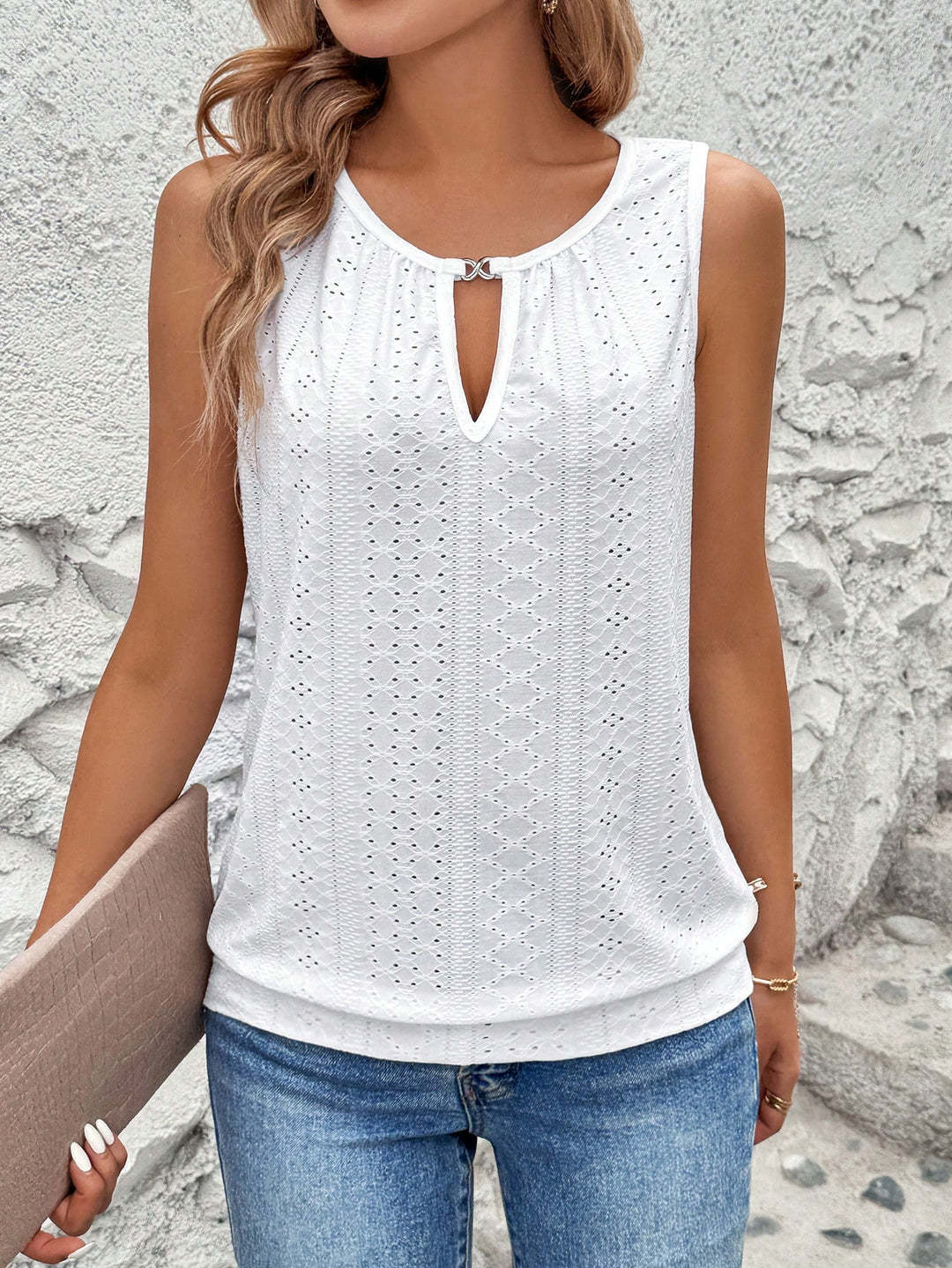 Damen luftiges Tanktop mit dekorativem Ausschnitt und feiner Struktur Drune