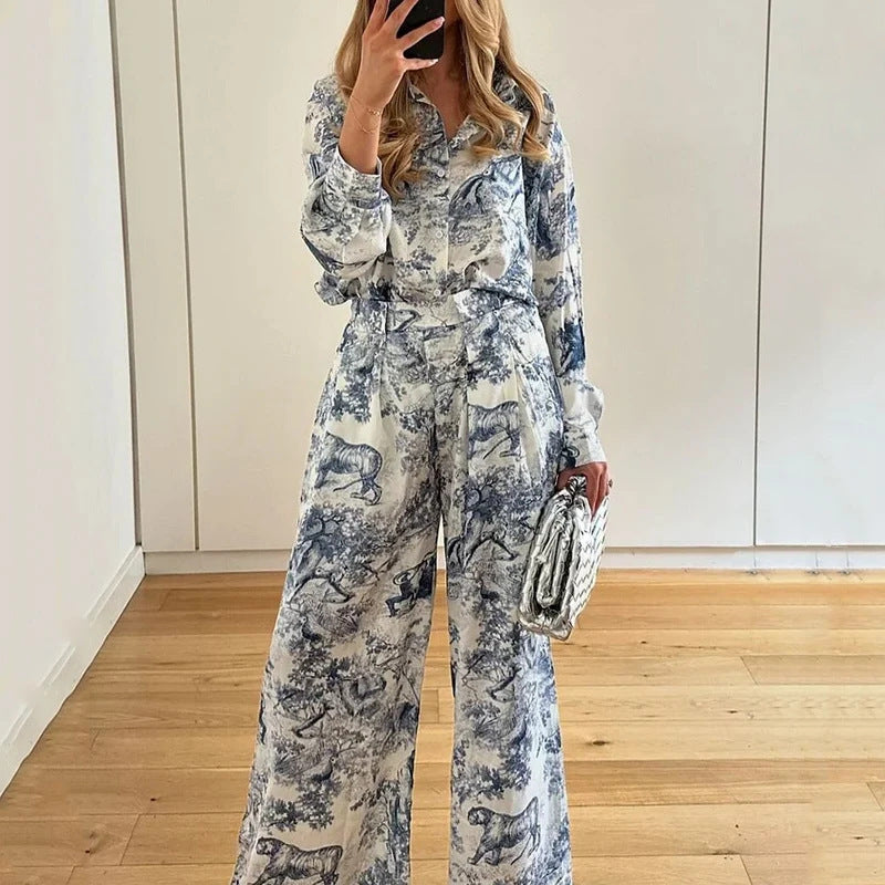 Damen Elegantes und bequemes Zweiteiler-Set mit kunstvollem Druck Drune