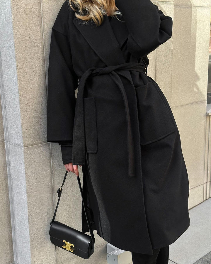 Damen Eleganter Übergangsmantel mit breitem Revers und Gürteldetail Drune