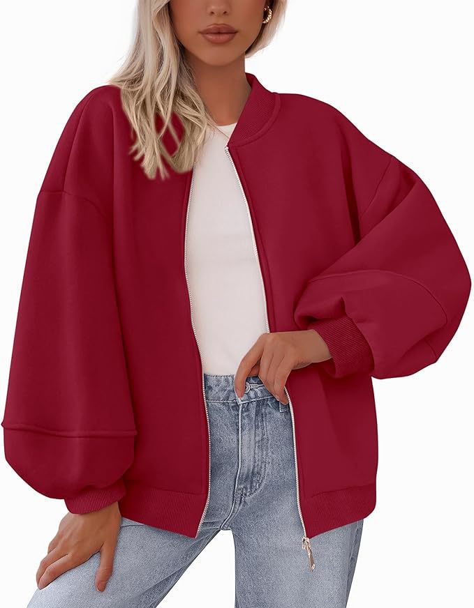Damen Oversized Bomberjacke mit Reißverschluss und elastischen Bündchen Drune