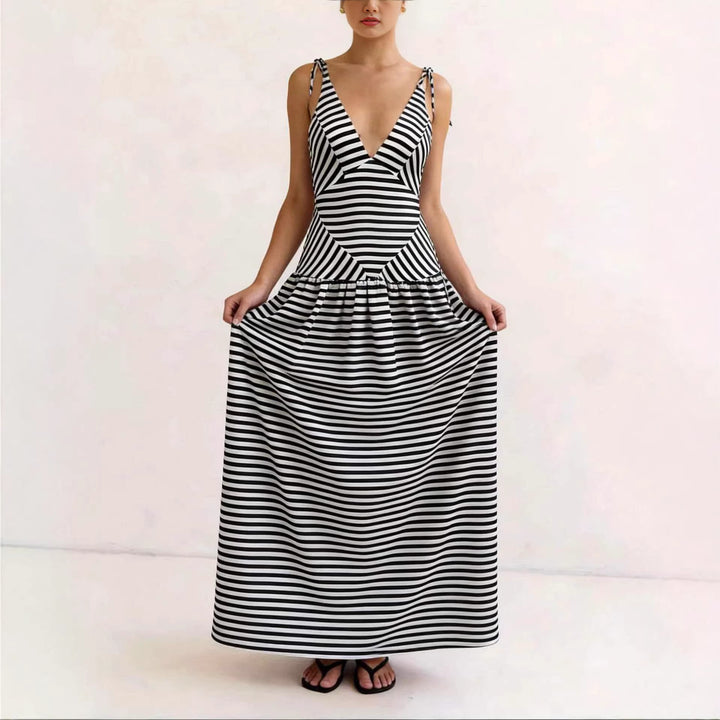 Damen Maxikleid mit tiefem V-Ausschnitt und modernem Streifenmuster Drune