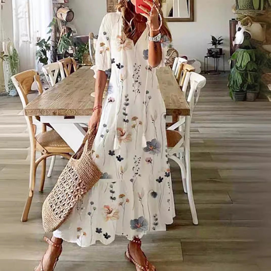 Damen nan knöchellanges A-Linien-Sommerkleid mit ganzflächigem Blumenmuster V-Ausschnitt und lockerem Fall Drune