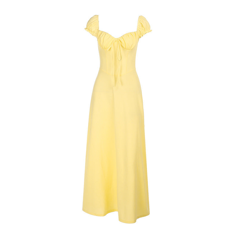 Damen Maxikleid mit eleganter Schnürdetail und Puffärmeln Drune