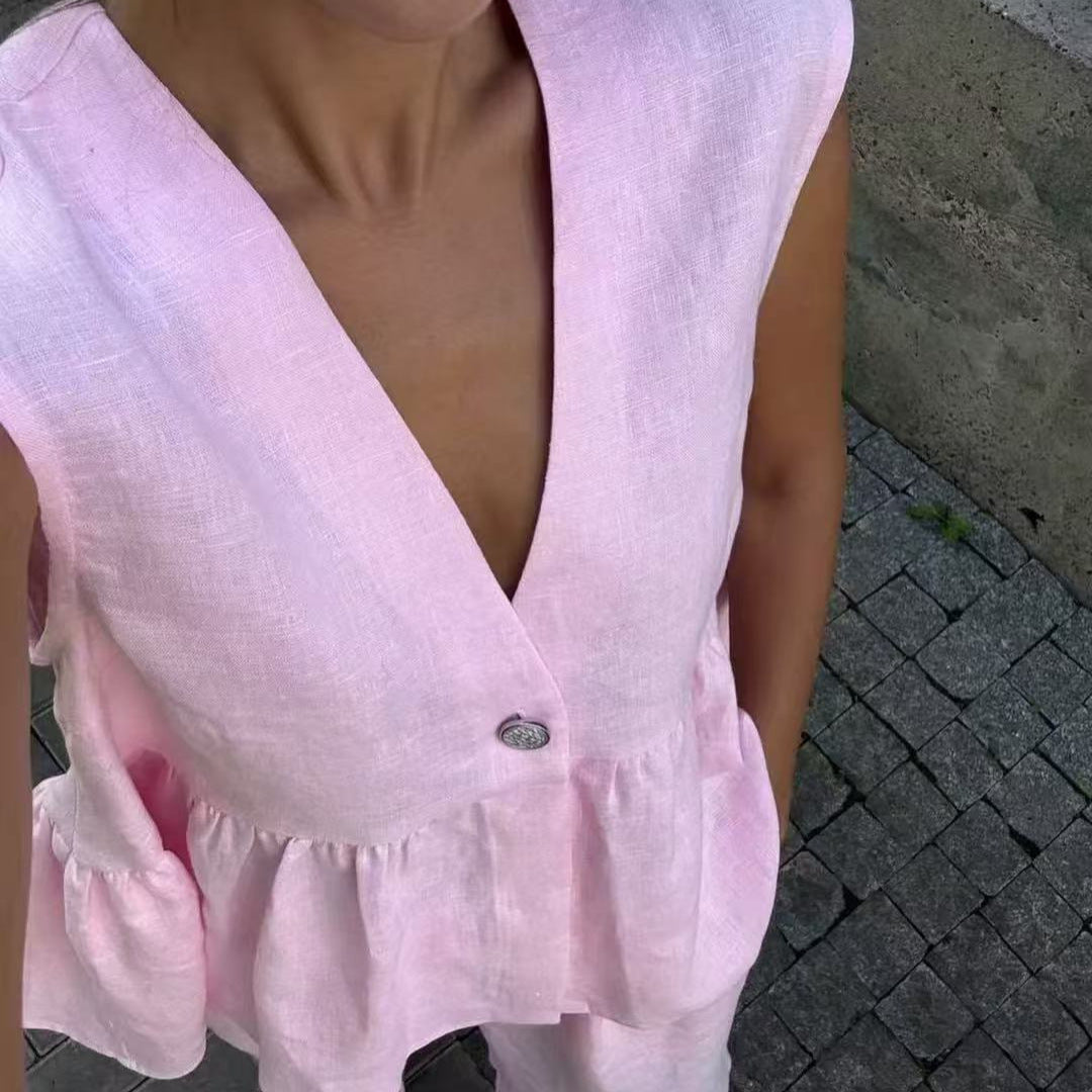 Damen Praktisches Leinen Set mit voluminösem Oberteil Drune