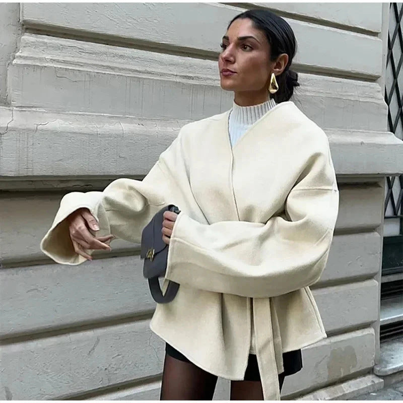 Damen trendige Wickeljacke aus weichem Stoff mit Gürtel und langen Ärmeln Drune