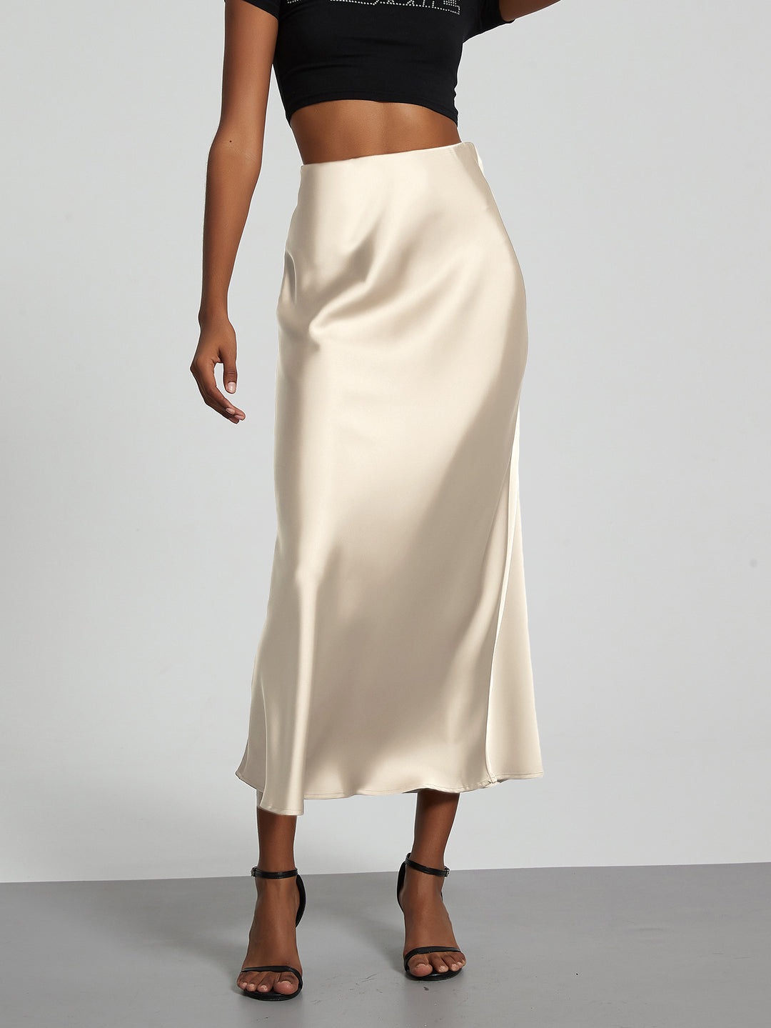 Damen Stilvolle Satin-Stretchrock mit hohem Bund und fließendem Schnitt Drune