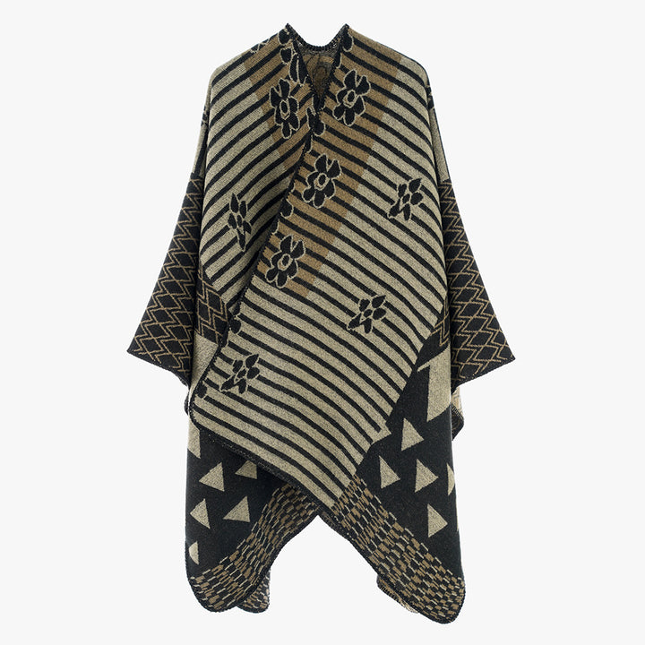 Damen Eleganter Poncho mit grafischem Muster und weichen Fransen Drune