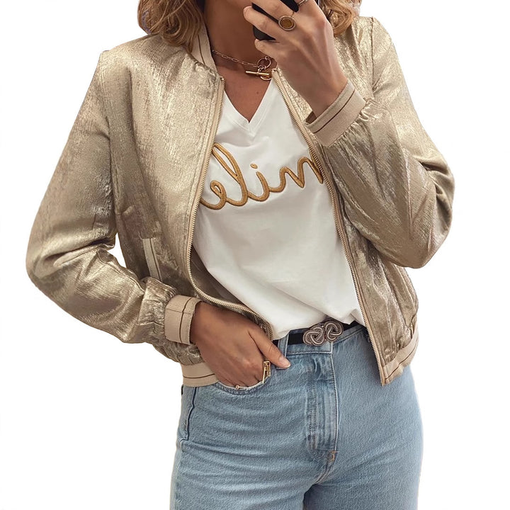 Damen glänzende Bomberjacke mit trendigen Rippdetails und praktischen Taschen Drune