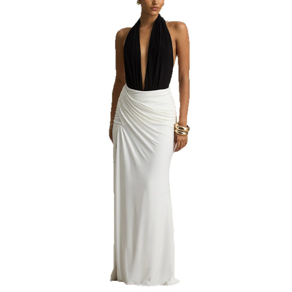 Damen Elegantes Maxikleid mit tiefem V-Ausschnitt und gerafftem Rock Drune